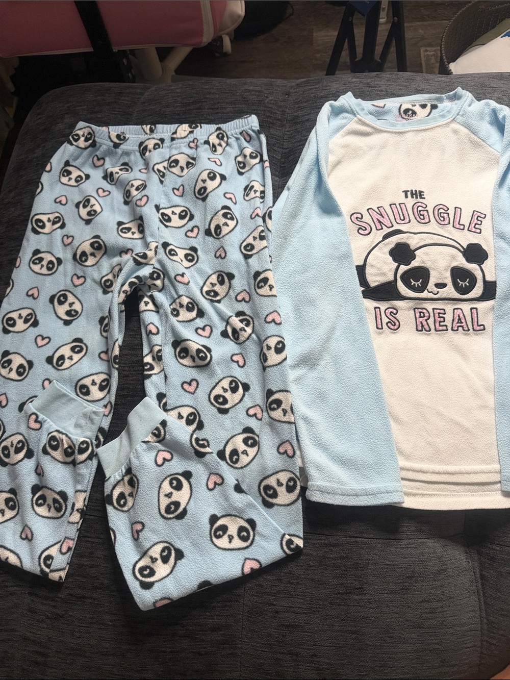 Primark Light Blue Panda Pajama Set with Pink Hearts